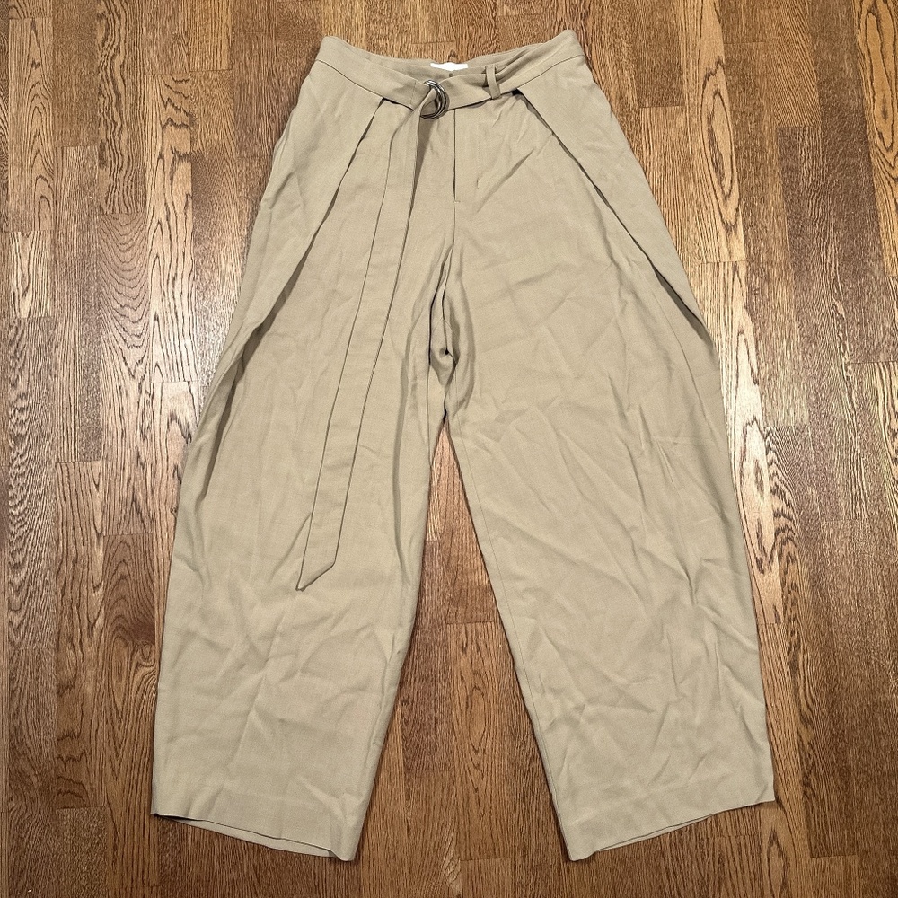 High-Rise Wide Leg Paperbag Pants with Tie Belt - Beige